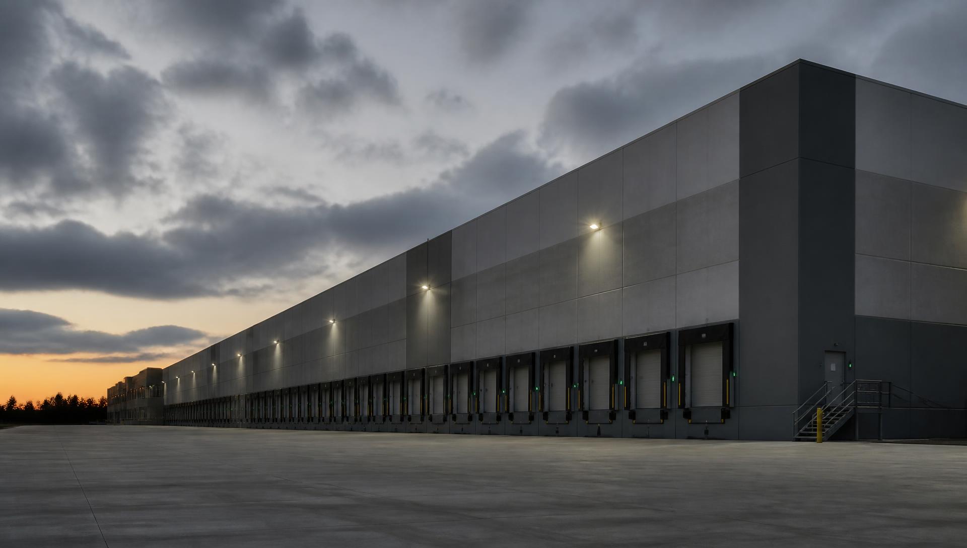 Industrial distribution property at dusk